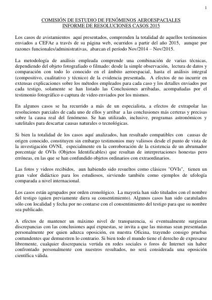 Informe CEFAe 2015, Resolución de casos OVNI