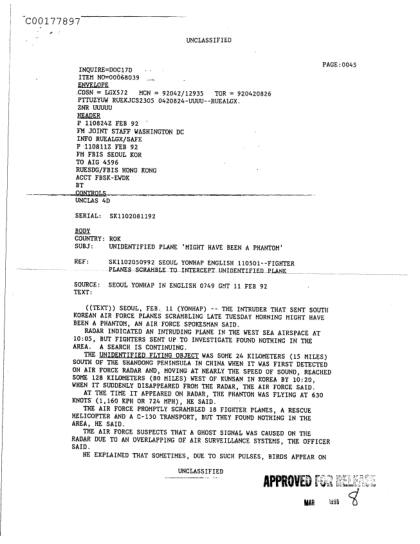 OVNI detectado en radar surcoreano de 1992