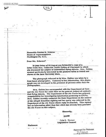 Carta de la CIA sobre un avistamiento OVNI en Brasil