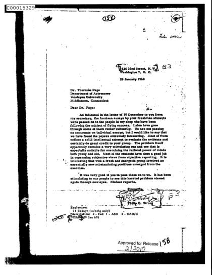 Carta de la CIA a un profesor sobre ensayos sobre OVNI