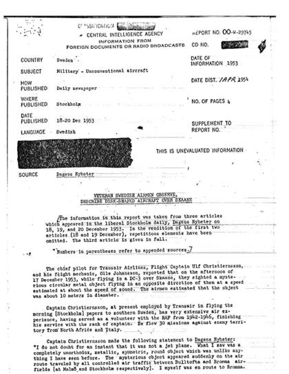 OVNI circular observado por pilotos suecos en 1953
