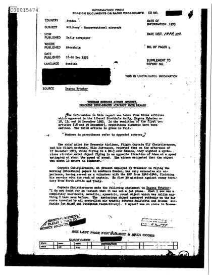 OVNI visto por un piloto en Suecia en 1953