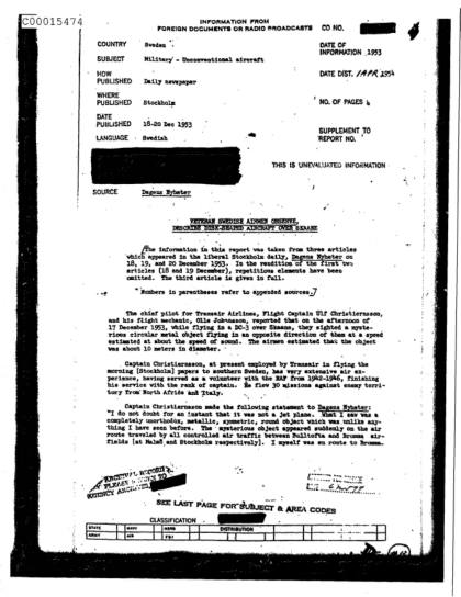 OVNI observado por un capitán sueco en 1953