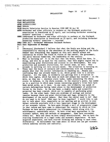 Gorbachev aborda reformas económicas y sociales en el Uralmash
