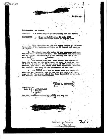 Memoria de la CIA sobre OVNI y desclasificación