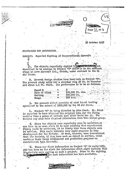 Memorando sobre avistamiento de avión no convencional