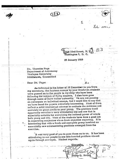 Carta de la CIA a un profesor sobre ensayos sobre OVNI
