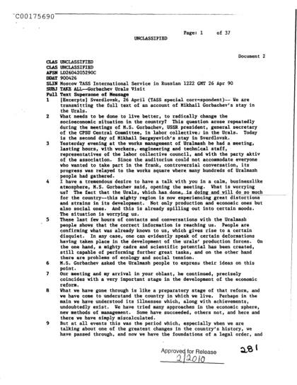 Gorbachev discute reformas económicas en el Ural
